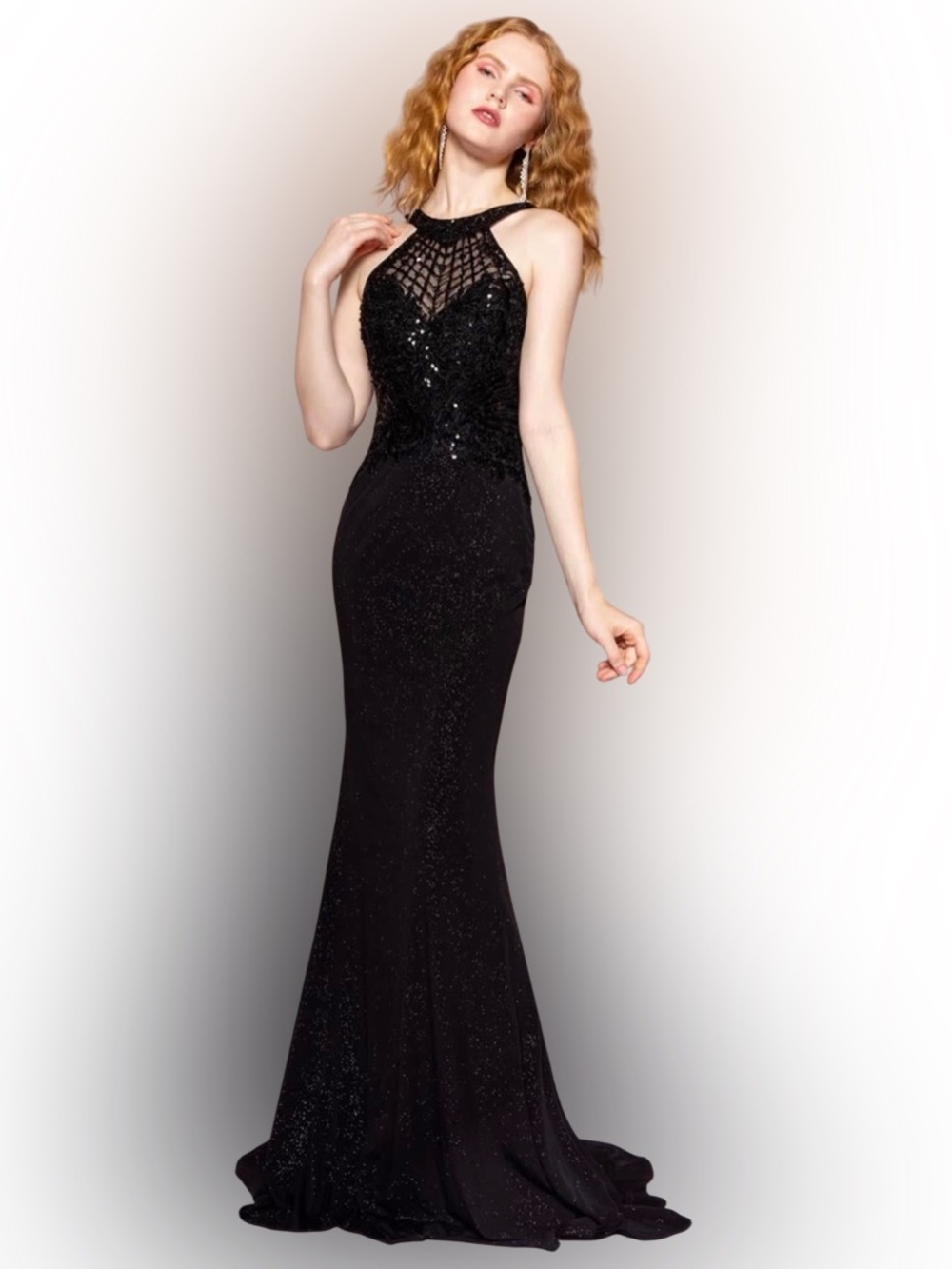 Black Beaded Halter Prom Gown